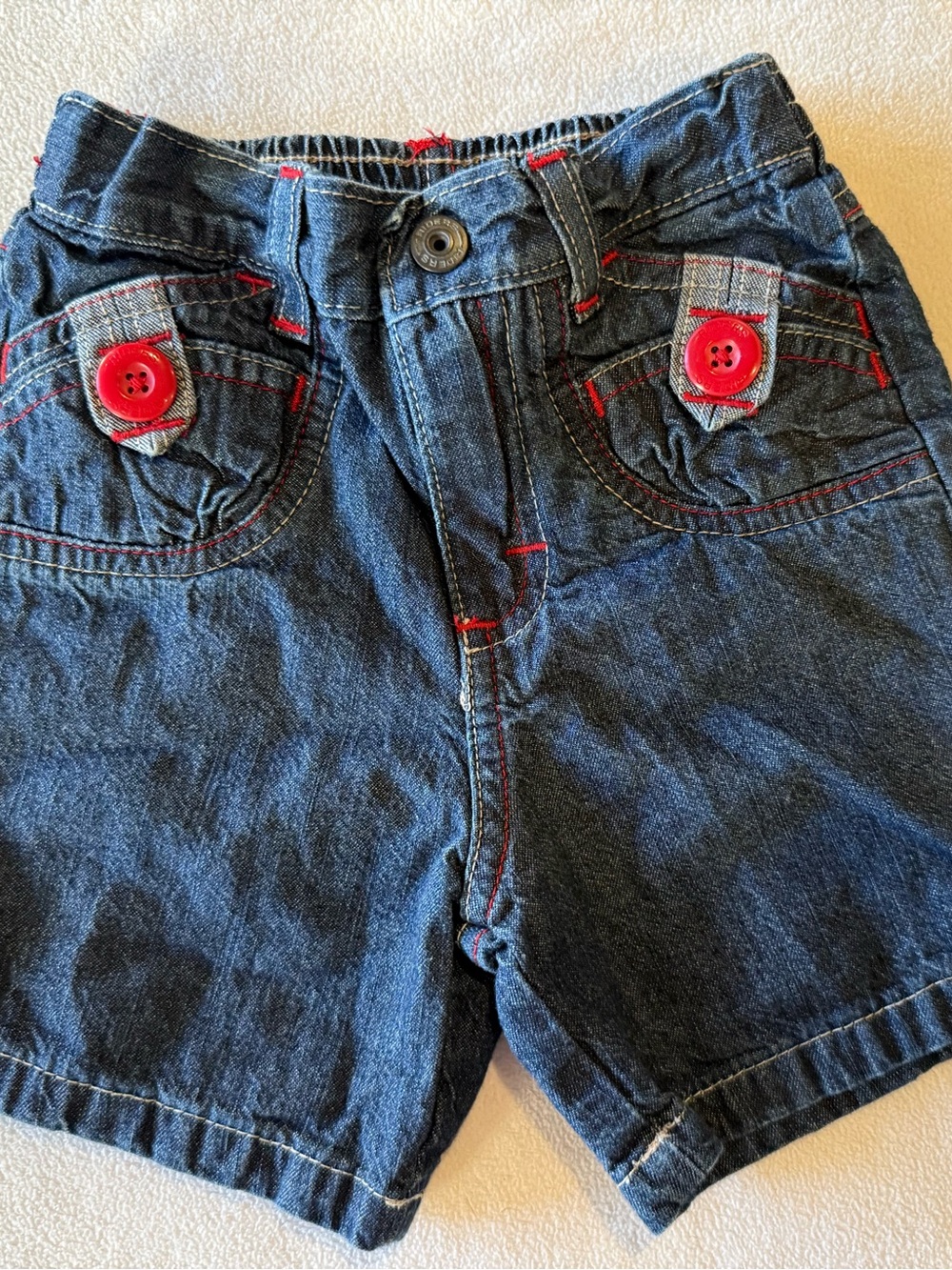Vintage Kids Dark Blue Denim Shorts with Red Accent Buttons